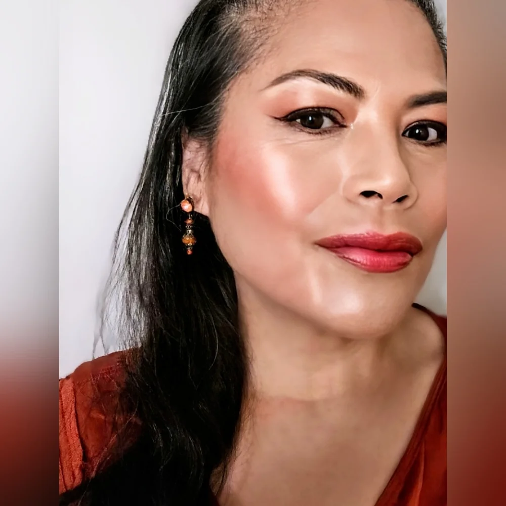 Victorian Rustic Autumn's Pumpkin Orange Crystal & Glass In Brass Earrings - Picture 8 of 8